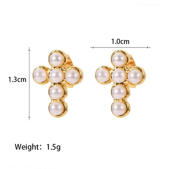 Pearl Cross Stud Earrings 18K Gold Plated Minimalist - Picture 6 of 6